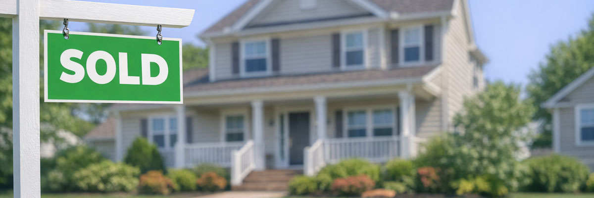 Midwest home with real estate sold sign in front